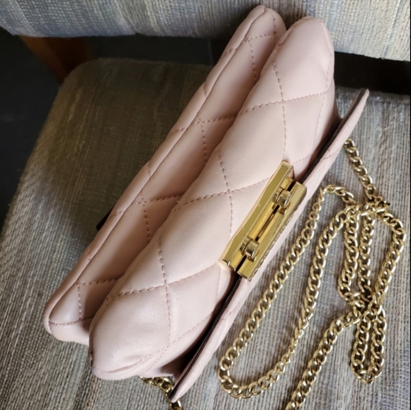 Michael Kors Sloan Pink Quilted Leather Clutch Gold Chain Messenger Crossbody - Picture 7 of 16